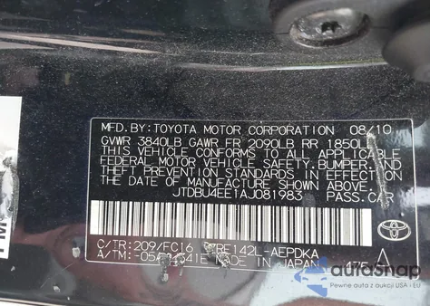 2010 Toyota Corolla Le from USA, damaged, VIN JTDBU4EE1AJ081983